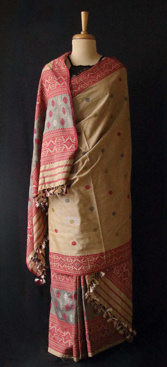 Beige Narural Dyed Eri Silk Traditional Mekhela Chador Set from Assam - Order Only