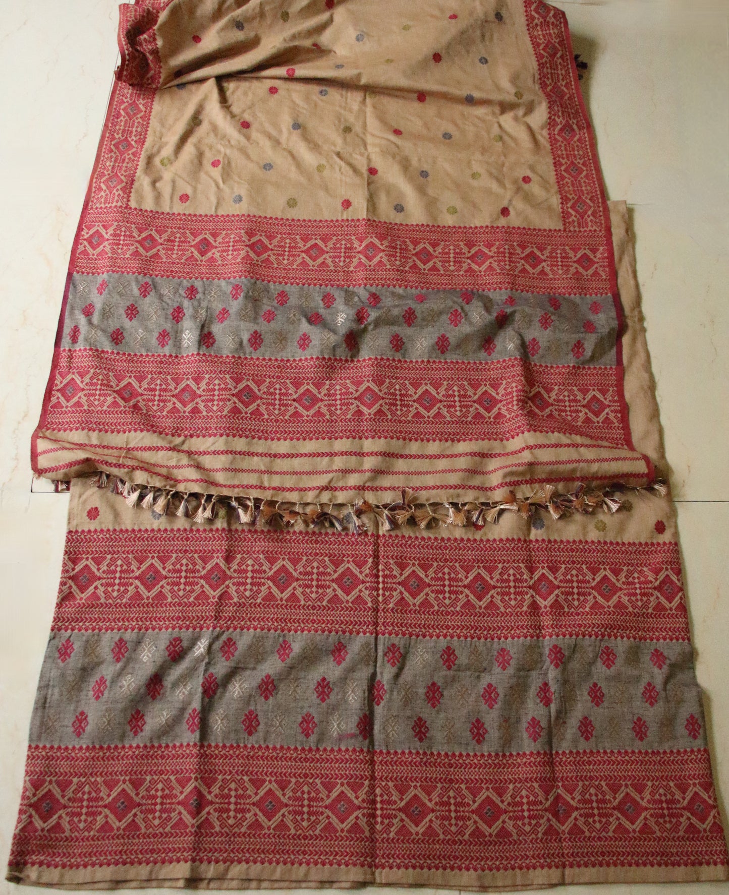 Beige Narural Dyed Eri Silk Traditional Mekhela Chador Set from Assam - Order Only