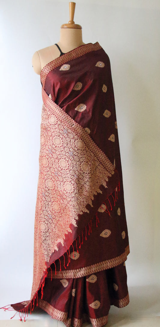 Maroon Colour Handloom Mulberry Silk Saree from Assam