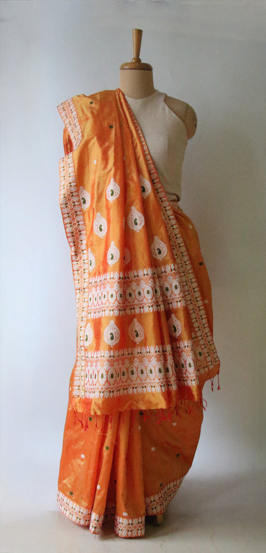 Orange Colour Handloom Mulberry Silk Saree from Assam