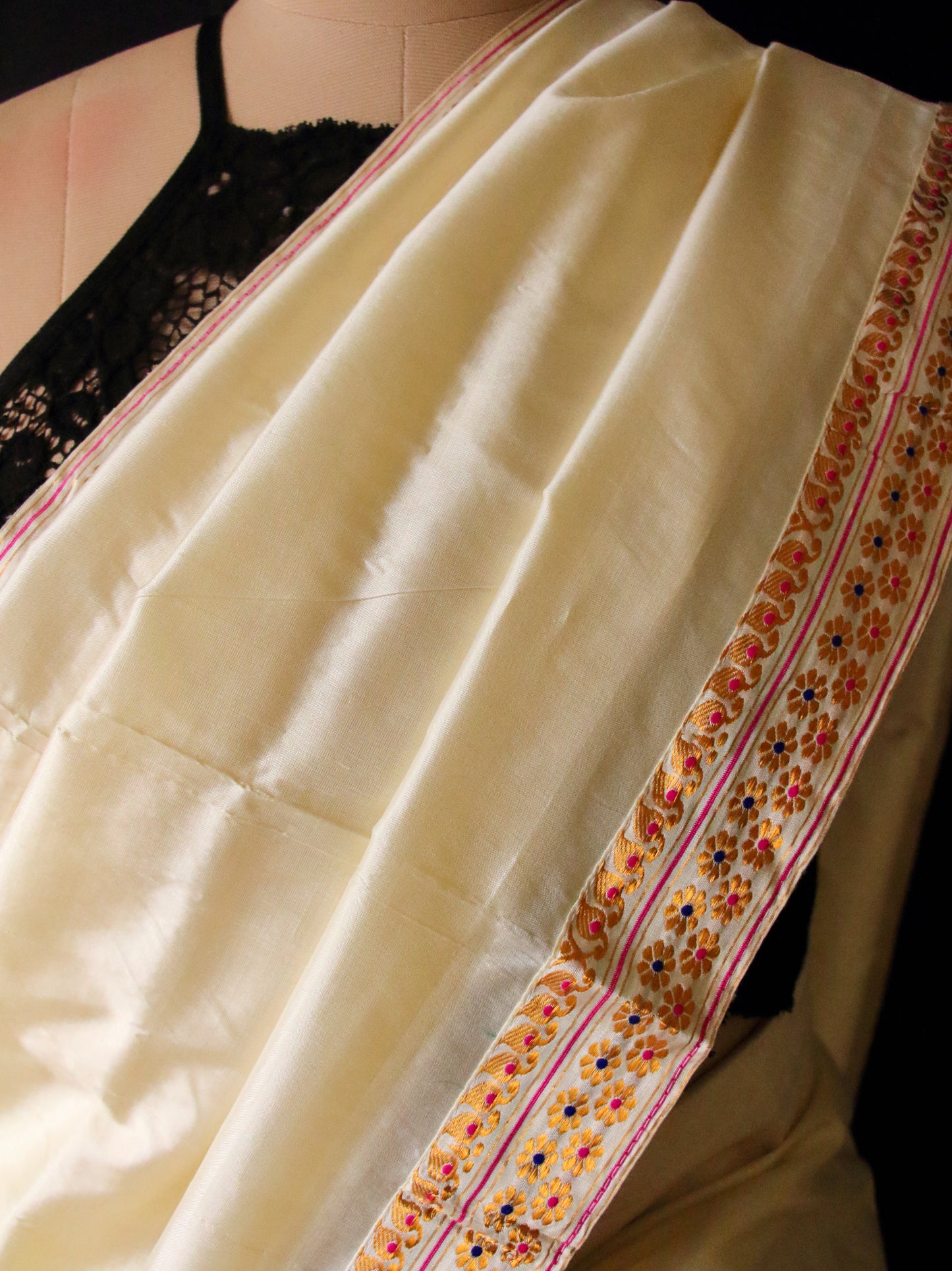 Cream Colour Pure Silk Mekhela Chador Set from Assam