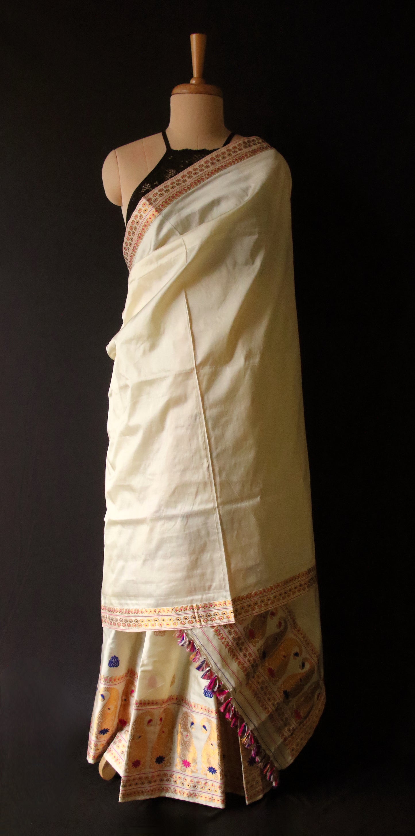 Cream Colour Pure Silk Mekhela Chador Set from Assam