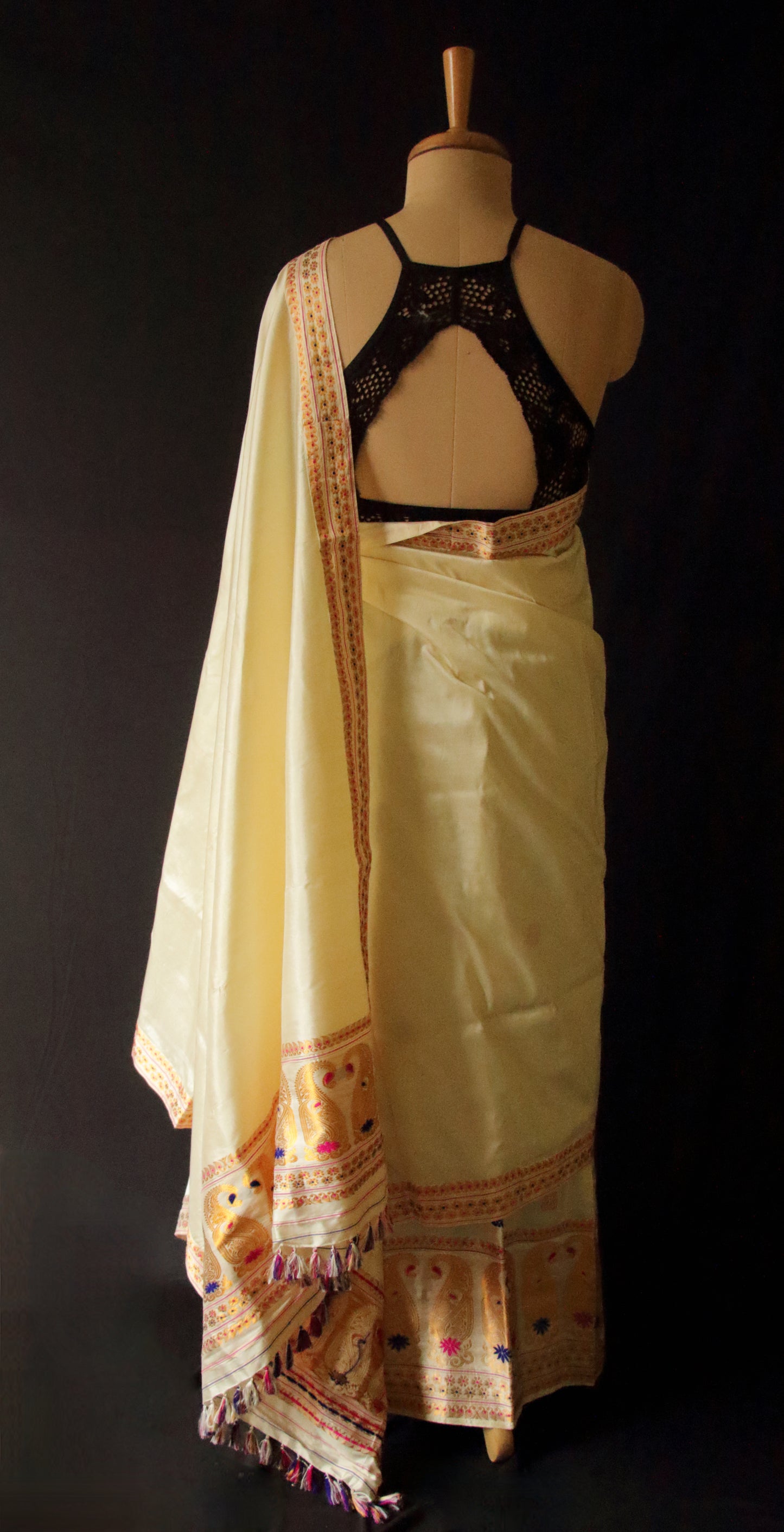 Cream Colour Pure Silk Mekhela Chador Set from Assam