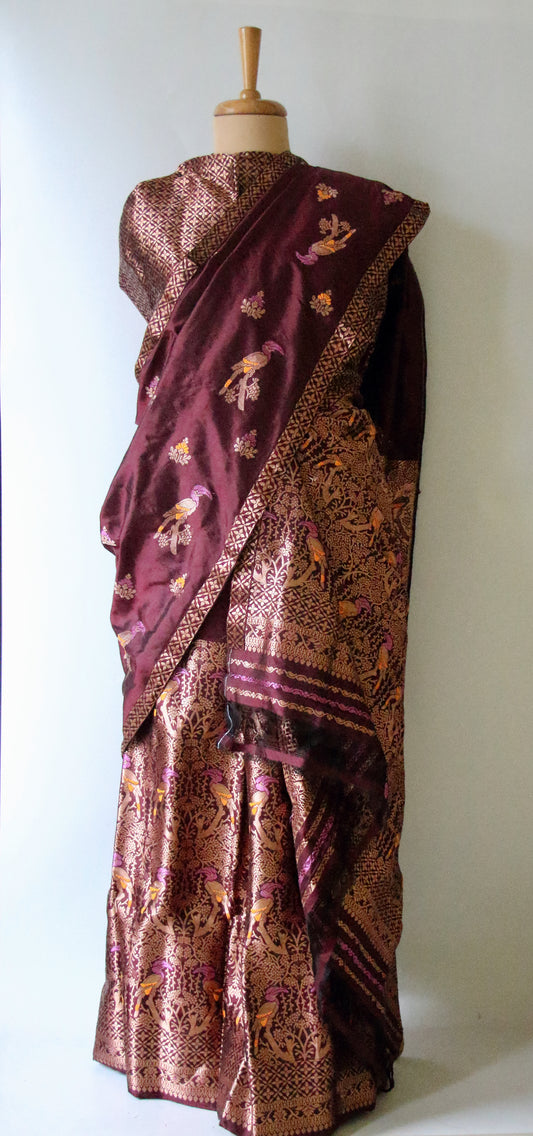Maroon Traditional Mekhela Chador Set / Brocade Blouse from Assam