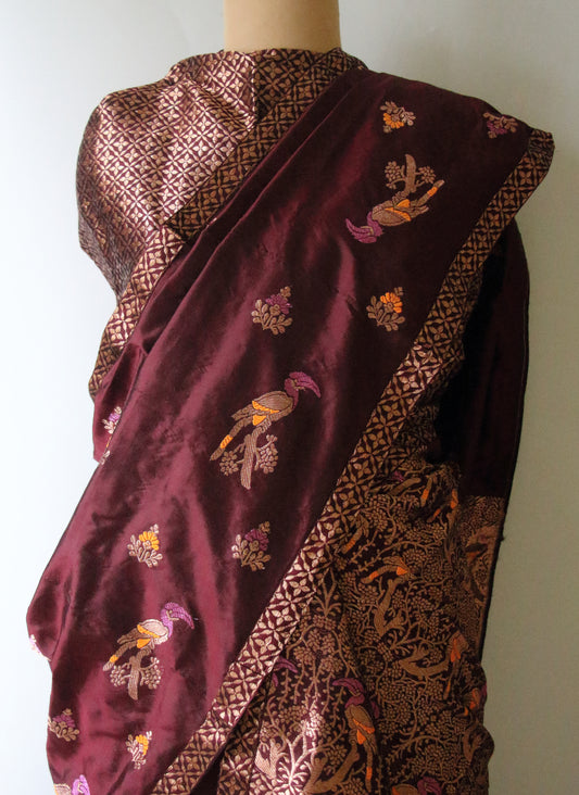 Maroon Traditional Mekhela Chador Set / Brocade Blouse from Assam