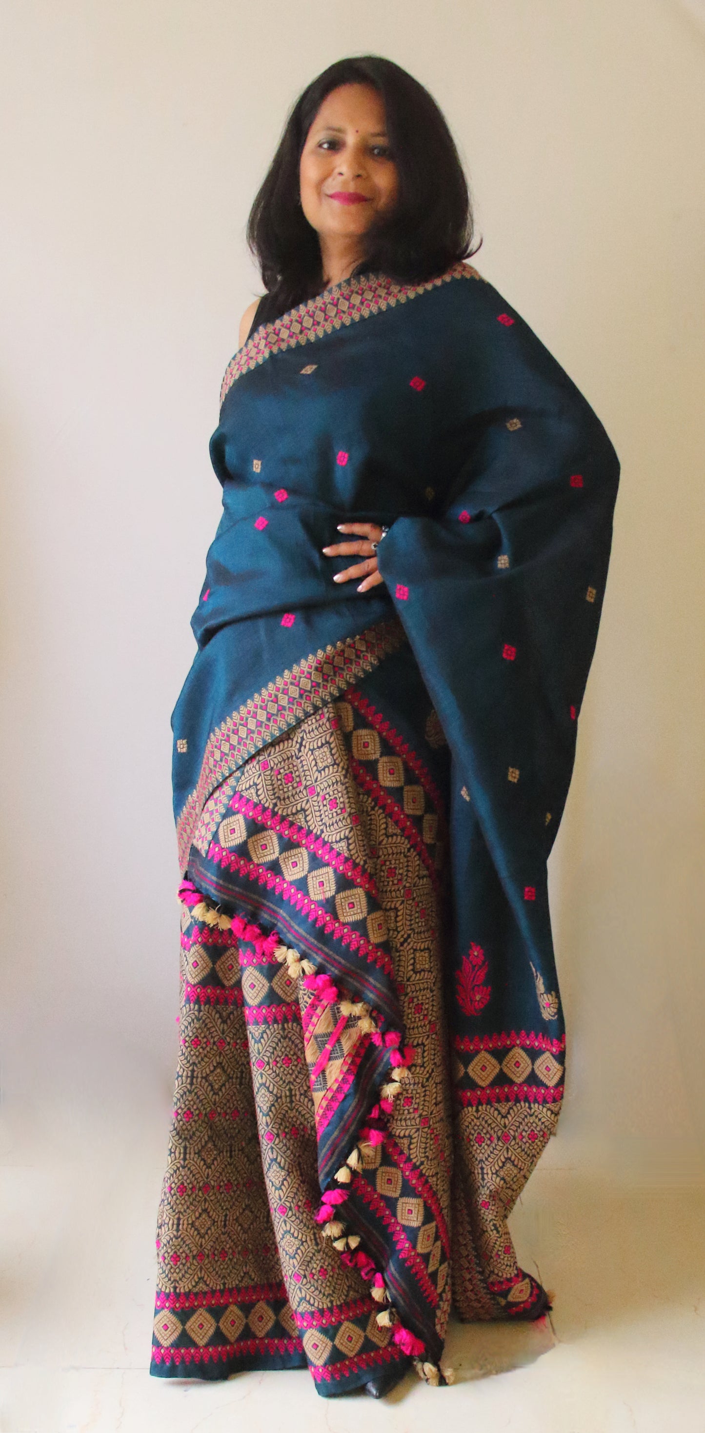 Peacock Green Cotton Silk  Mekhela Chador Set from Assam