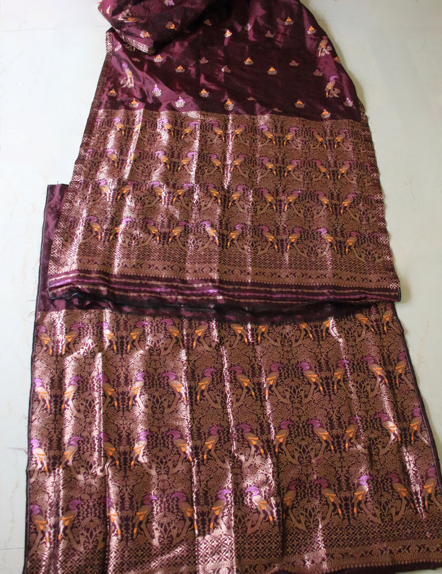 Maroon Traditional Mekhela Chador Set / Brocade Blouse from Assam