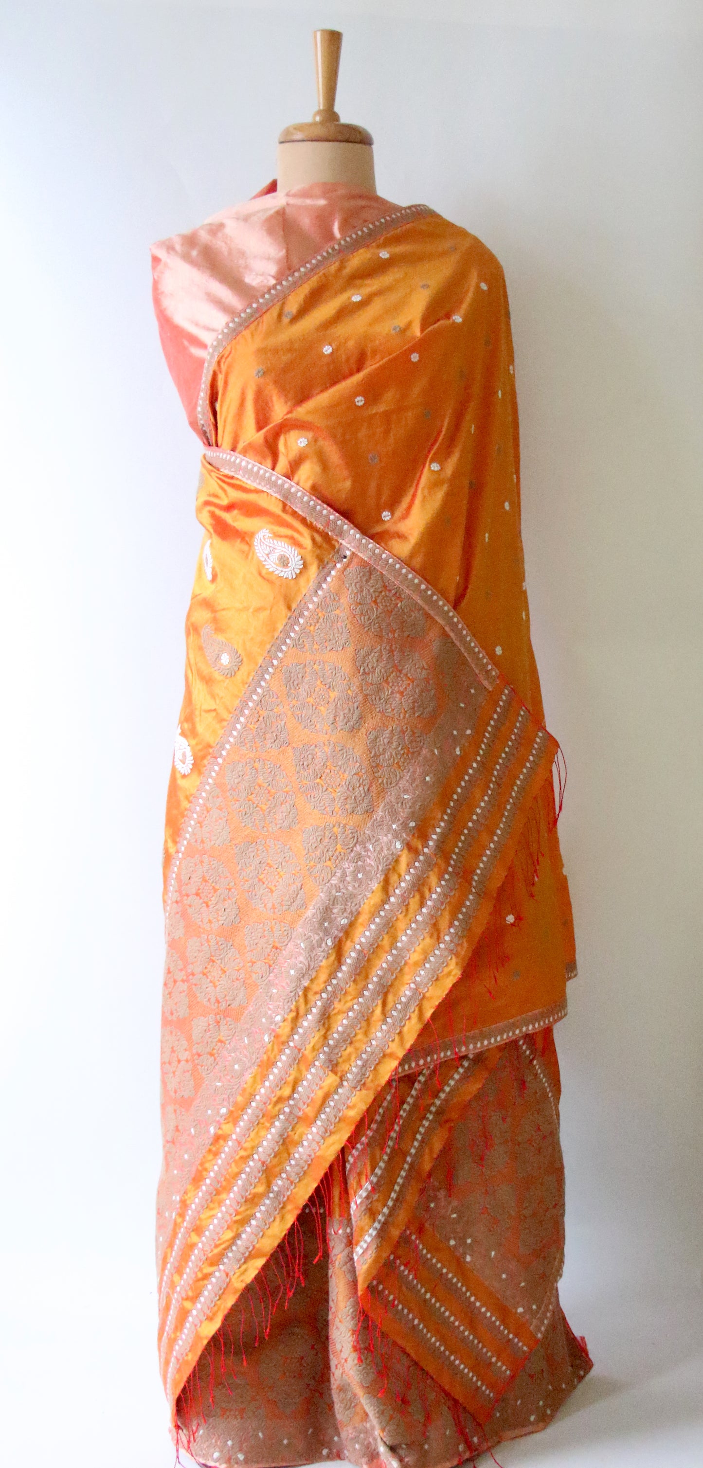 Orange Handloom Mulberry Silk Mekhla Chador Set