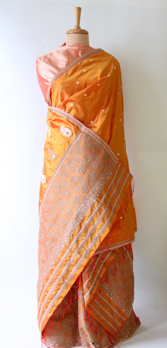 Orange Handloom Mulberry Silk Mekhla Chador Set