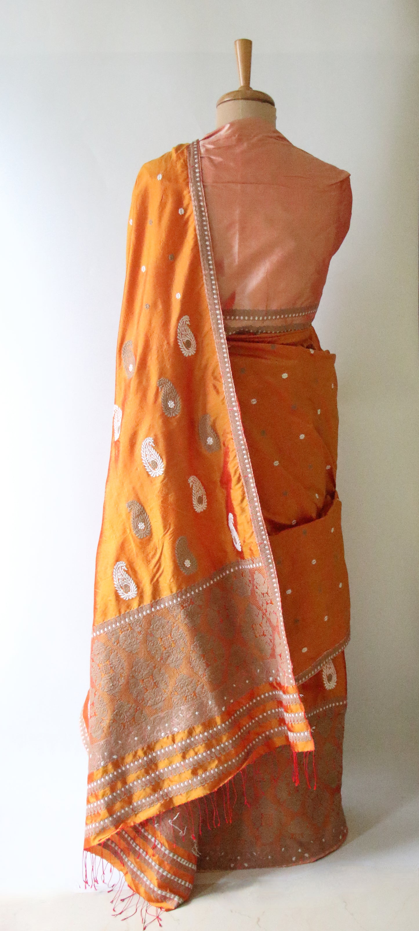 Orange Handloom Mulberry Silk Mekhla Chador Set