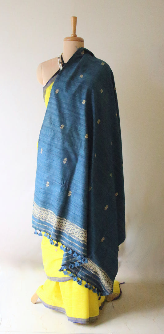 Handwoven Indigo Natural Dyed Hand Spun Eri Silk Stole / Shawl From Assam , India