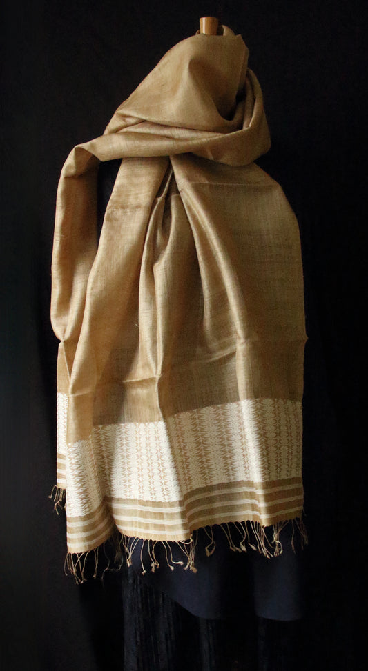 Handloom Muga Silk Scarf / Stole , Natural Eri Silk Motifs from Assam
