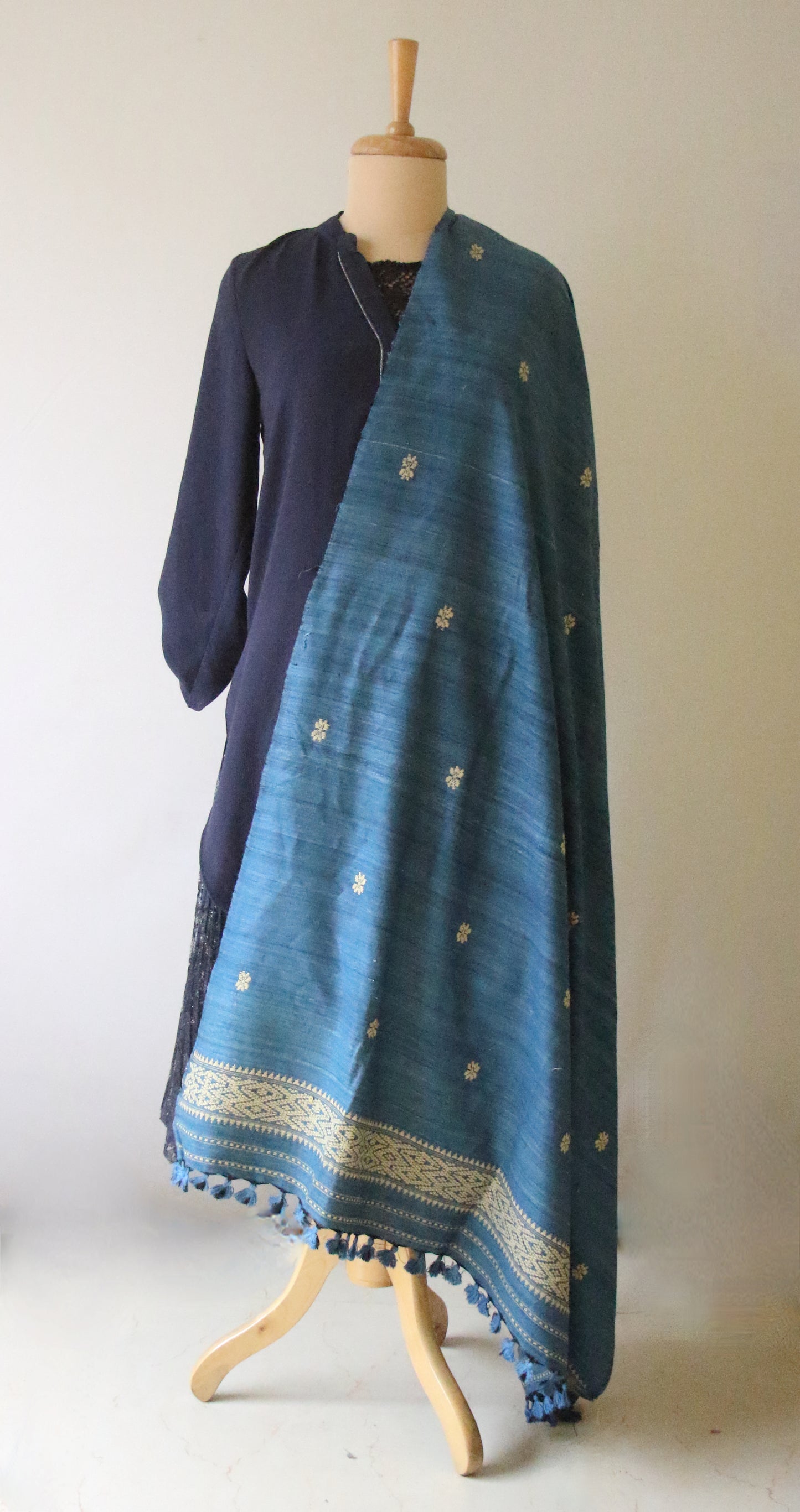 Handwoven Indigo Natural Dyed Hand Spun Eri Silk Stole / Shawl From Assam , India