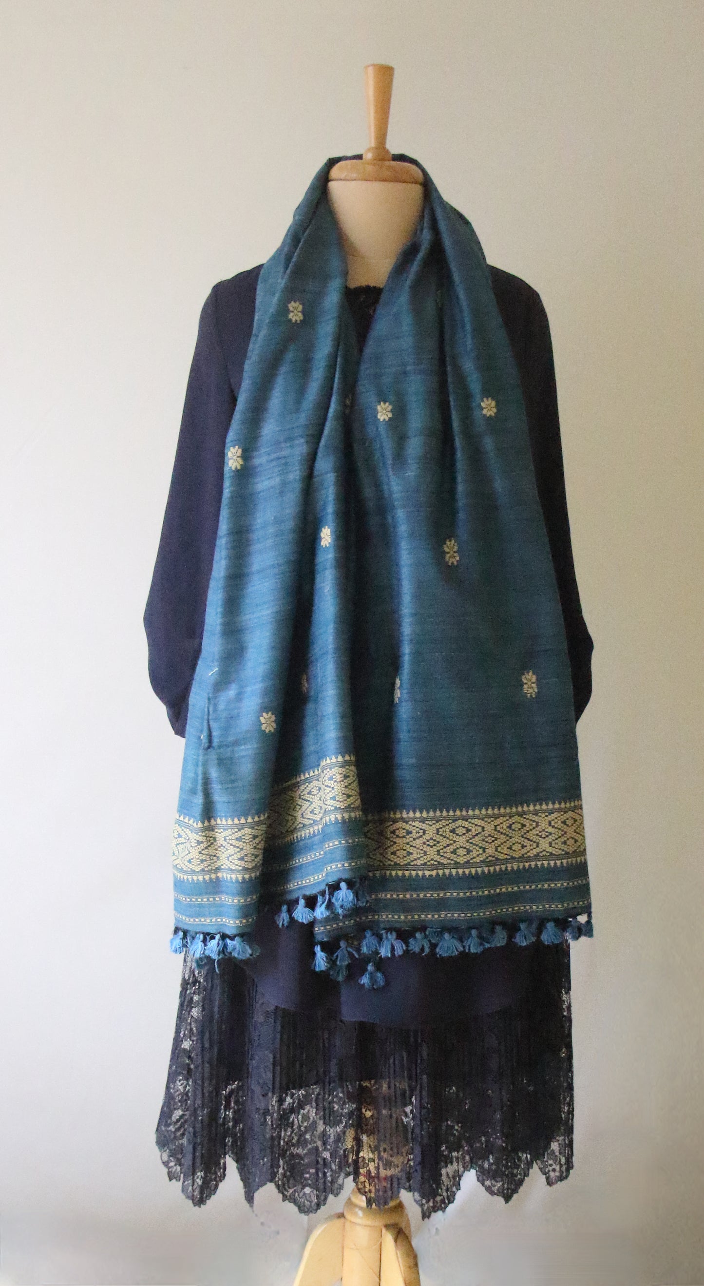 Handwoven Indigo Natural Dyed Hand Spun Eri Silk Stole / Shawl From Assam , India