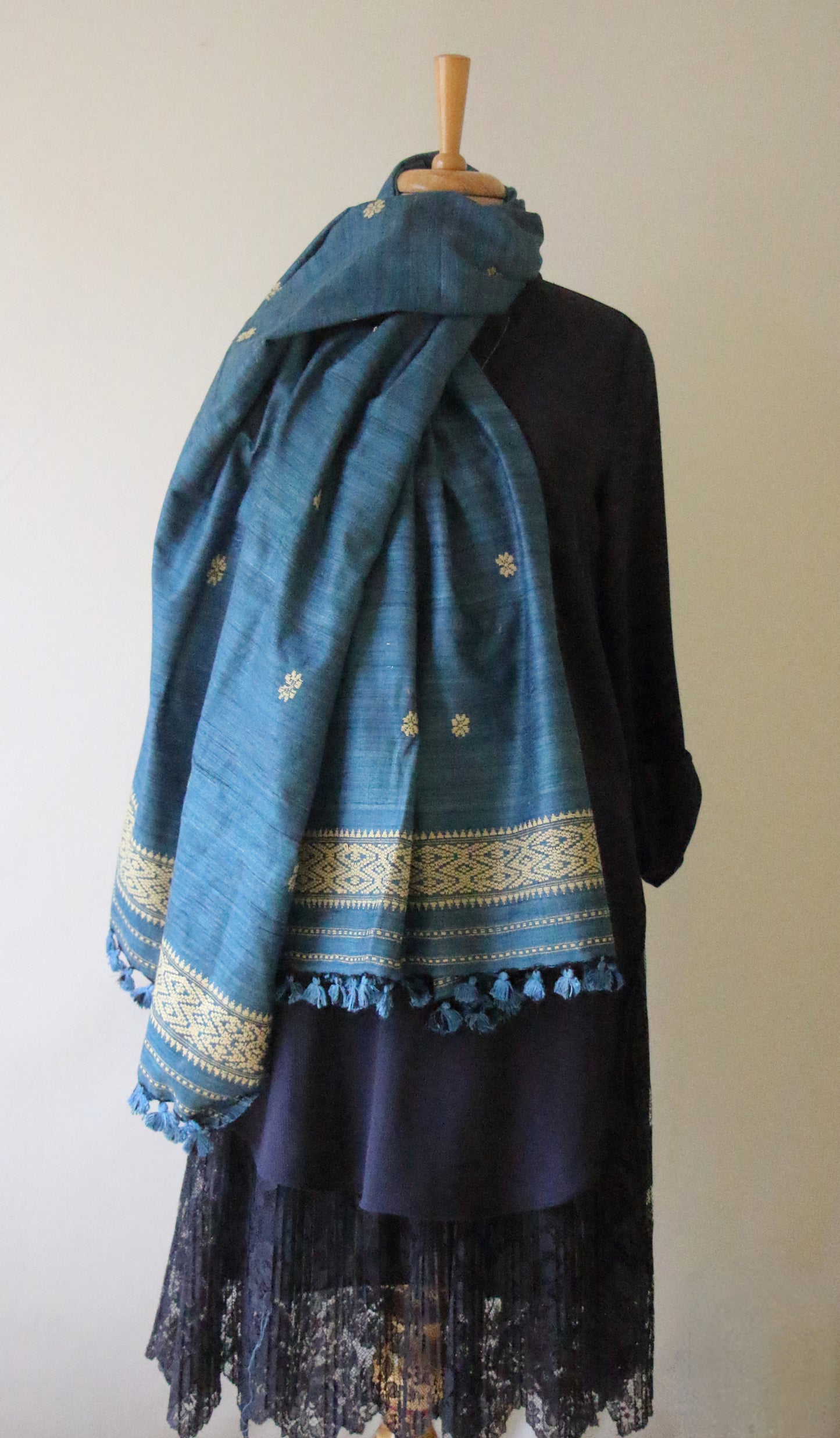 Handwoven Indigo Natural Dyed Hand Spun Eri Silk Stole / Shawl From Assam , India