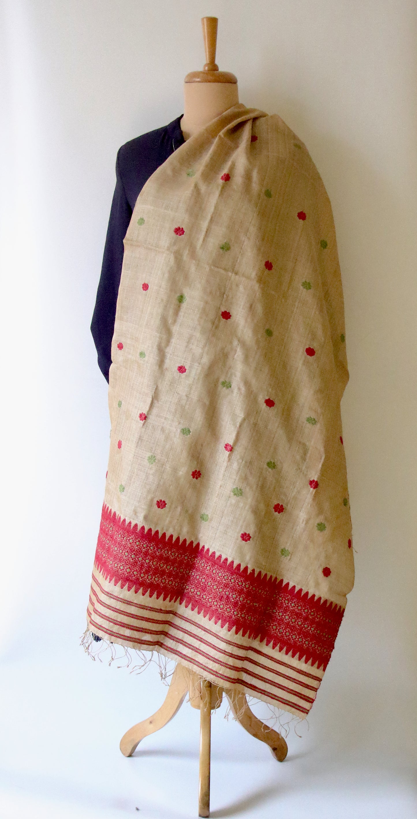 Handloom Muga Silk Wrap / Stole with natural dyed Eri Silk Motifs from Assam