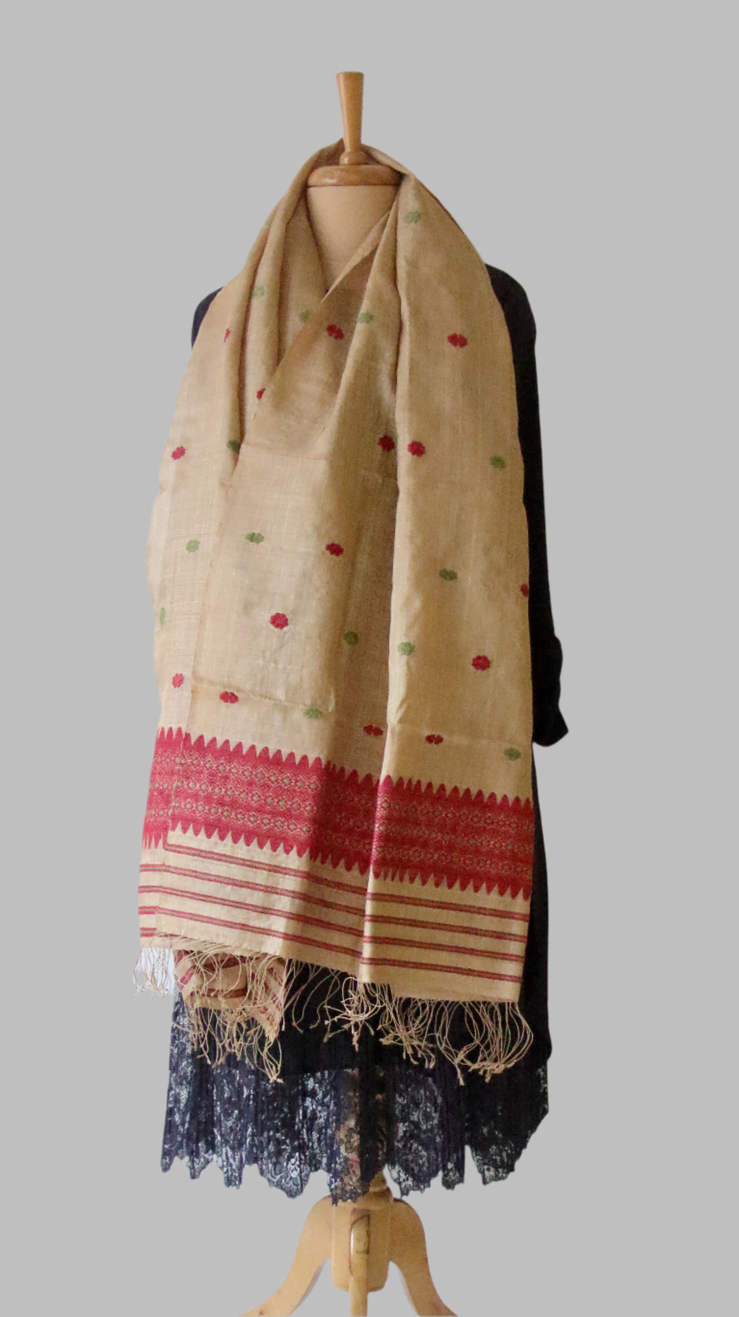 Handloom Muga Silk Wrap / Stole with natural dyed Eri Silk Motifs from Assam