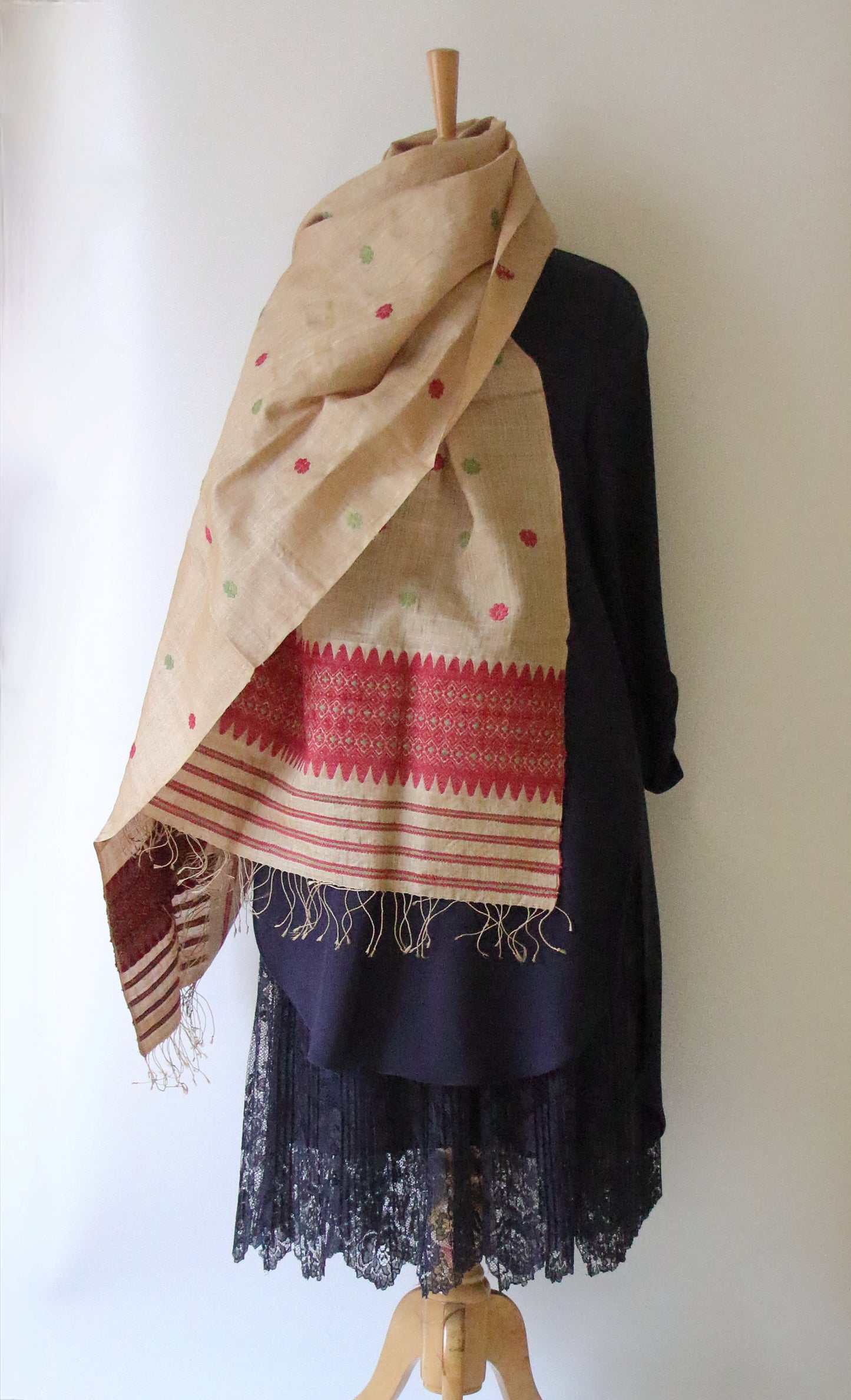 Handloom Muga Silk Wrap / Stole with natural dyed Eri Silk Motifs from Assam