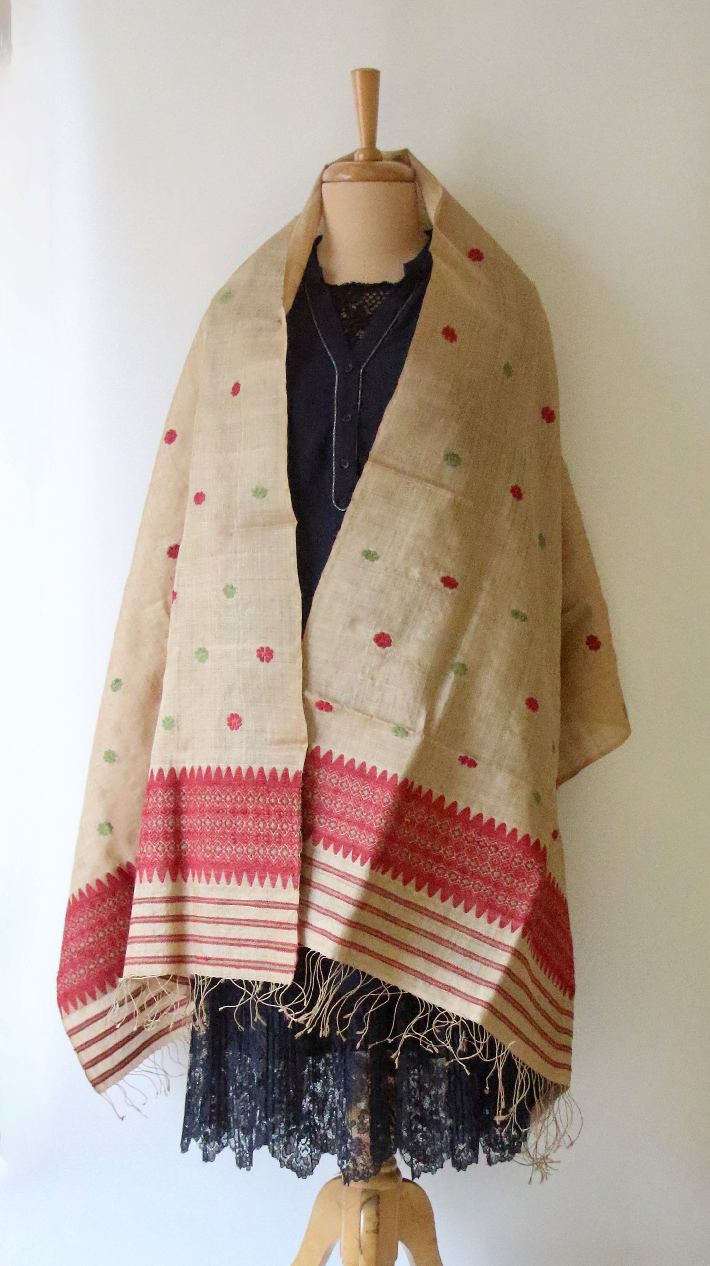 Handloom Muga Silk Wrap / Stole with natural dyed Eri Silk Motifs from Assam