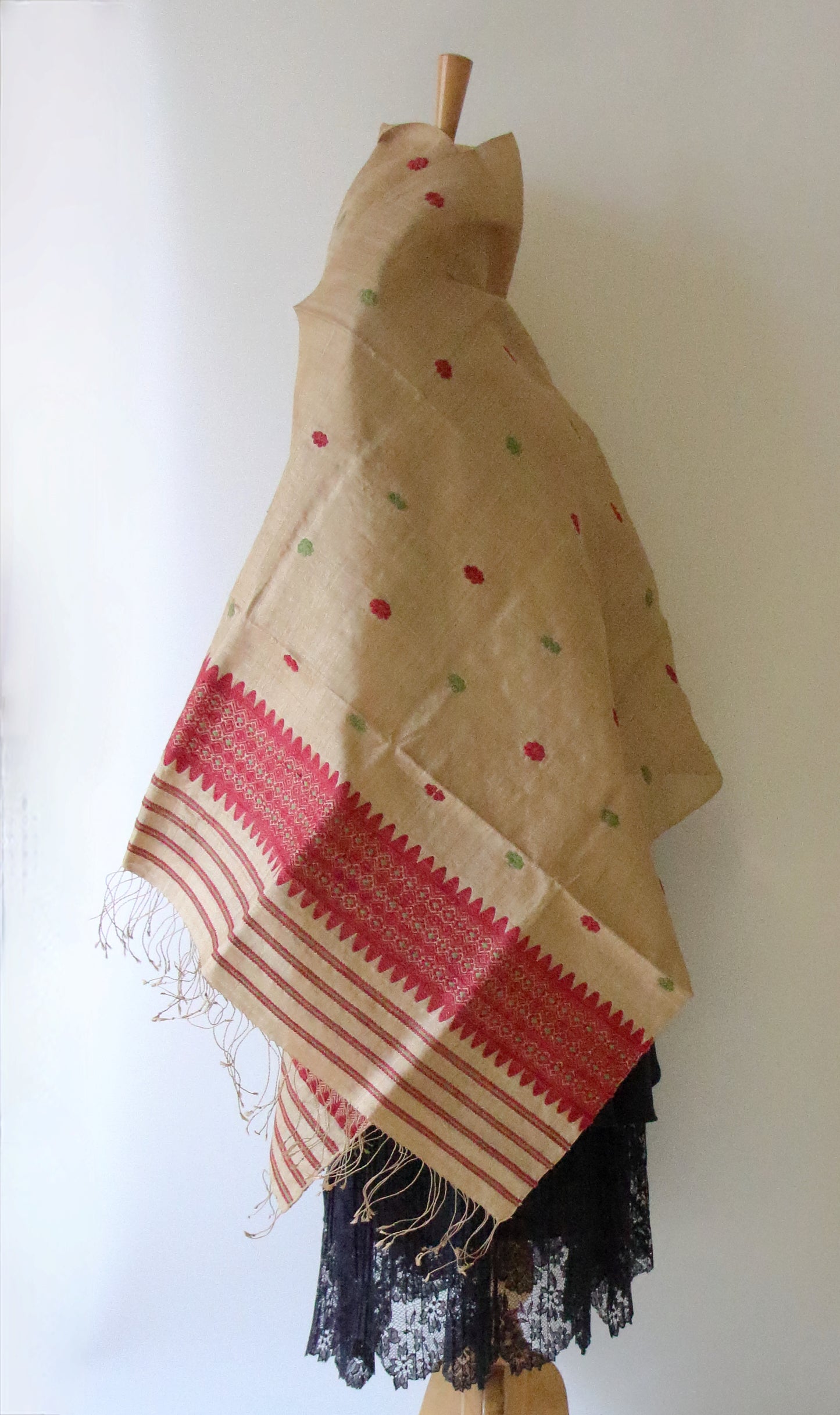 Handloom Muga Silk Wrap / Stole with natural dyed Eri Silk Motifs from Assam