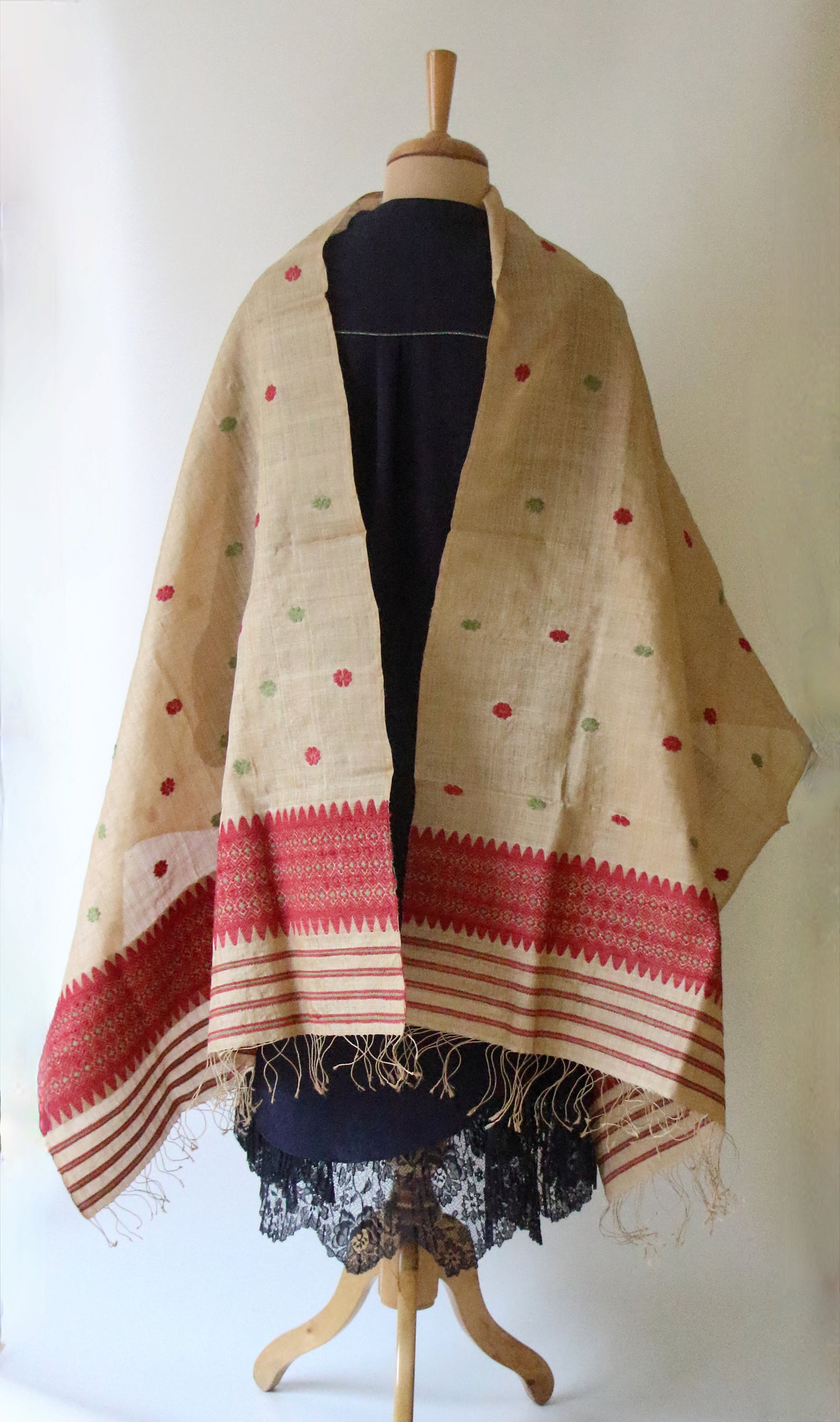 Handloom Muga Silk Wrap / Stole with natural dyed Eri Silk Motifs from Assam