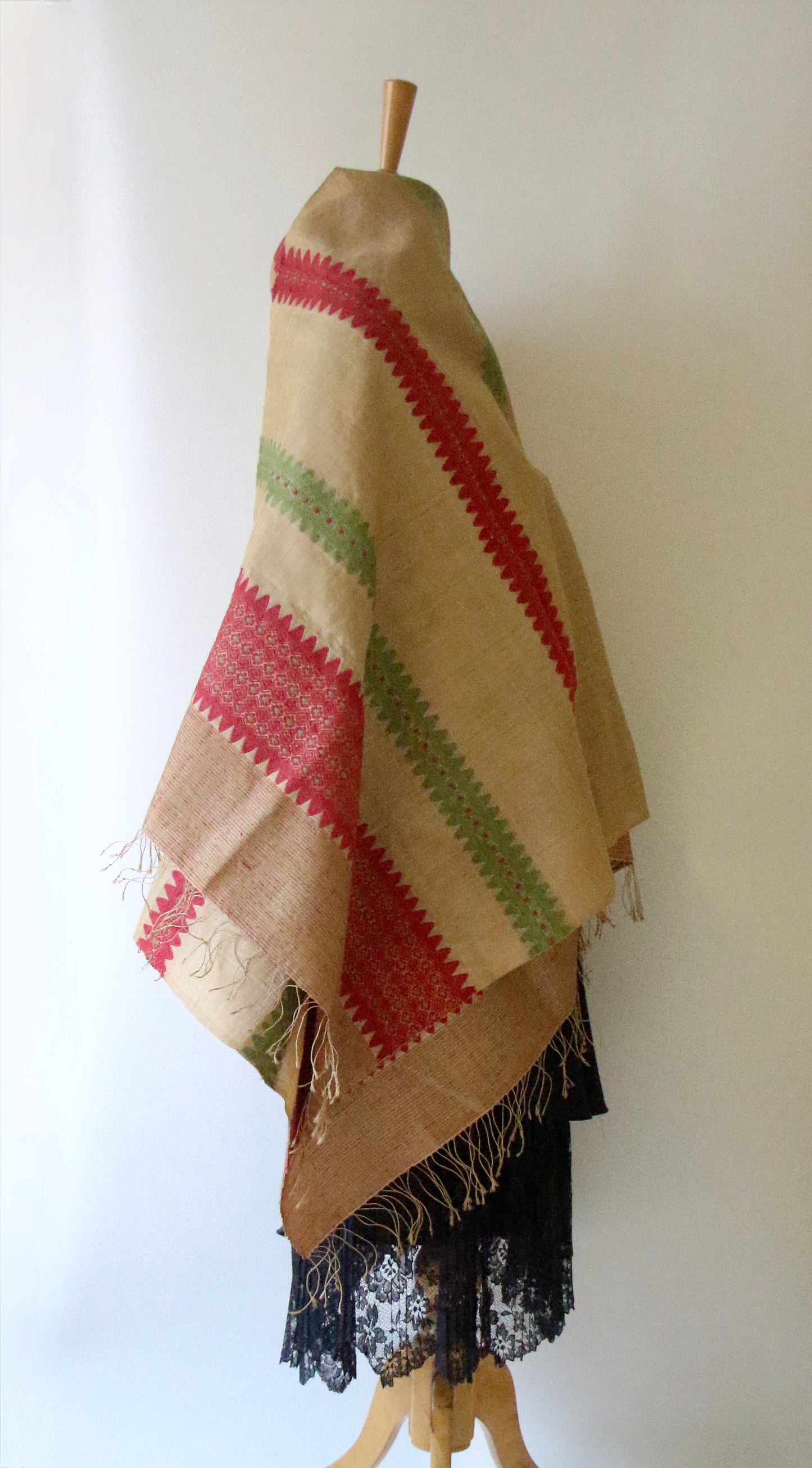 Handloom Muga Silk Wrap / Stole with natural dyed Eri Silk Motifs from Assam