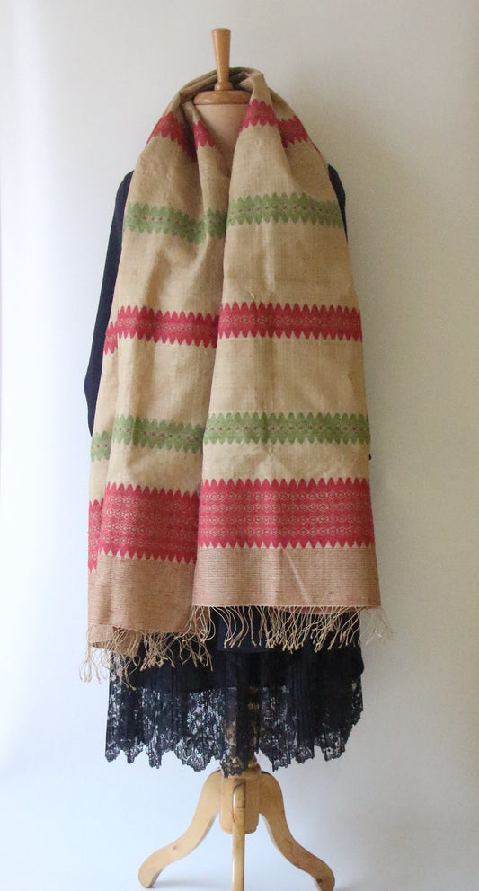 Handloom Muga Silk Wrap / Stole with natural dyed Eri Silk Motifs from Assam