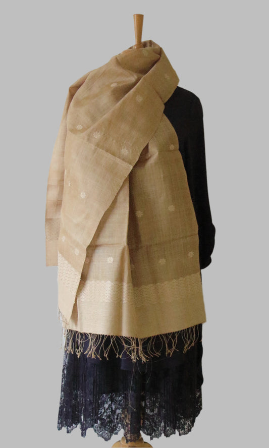 Handloom Muga Silk Wrap / Stole / Scarf with natural Colour Eri Silk Motifs from Assam