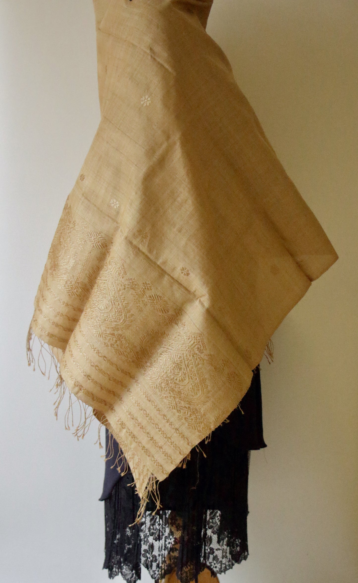 Handloom Muga Silk Wrap / Stole with Muga Silk Motifs from Assam