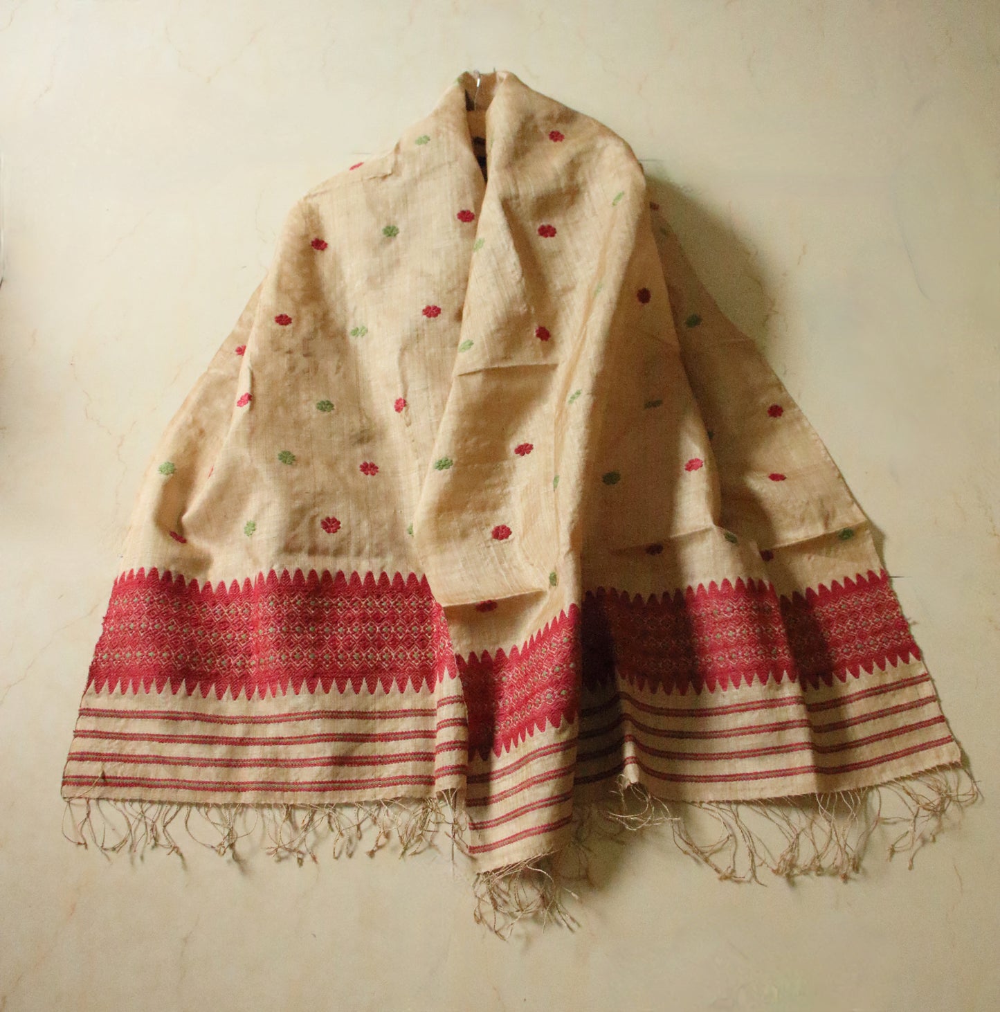 Handloom Muga Silk Wrap / Stole with natural dyed Eri Silk Motifs from Assam