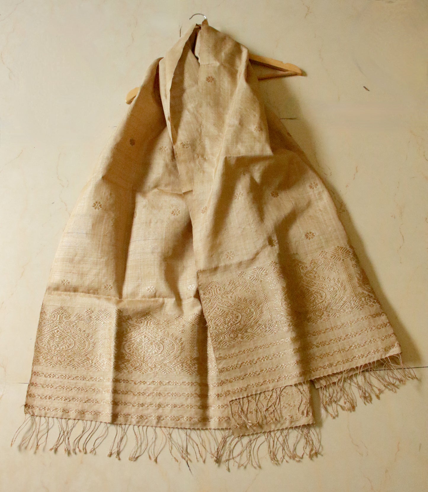 Handloom Muga Silk Wrap / Stole with Muga Silk Motifs from Assam