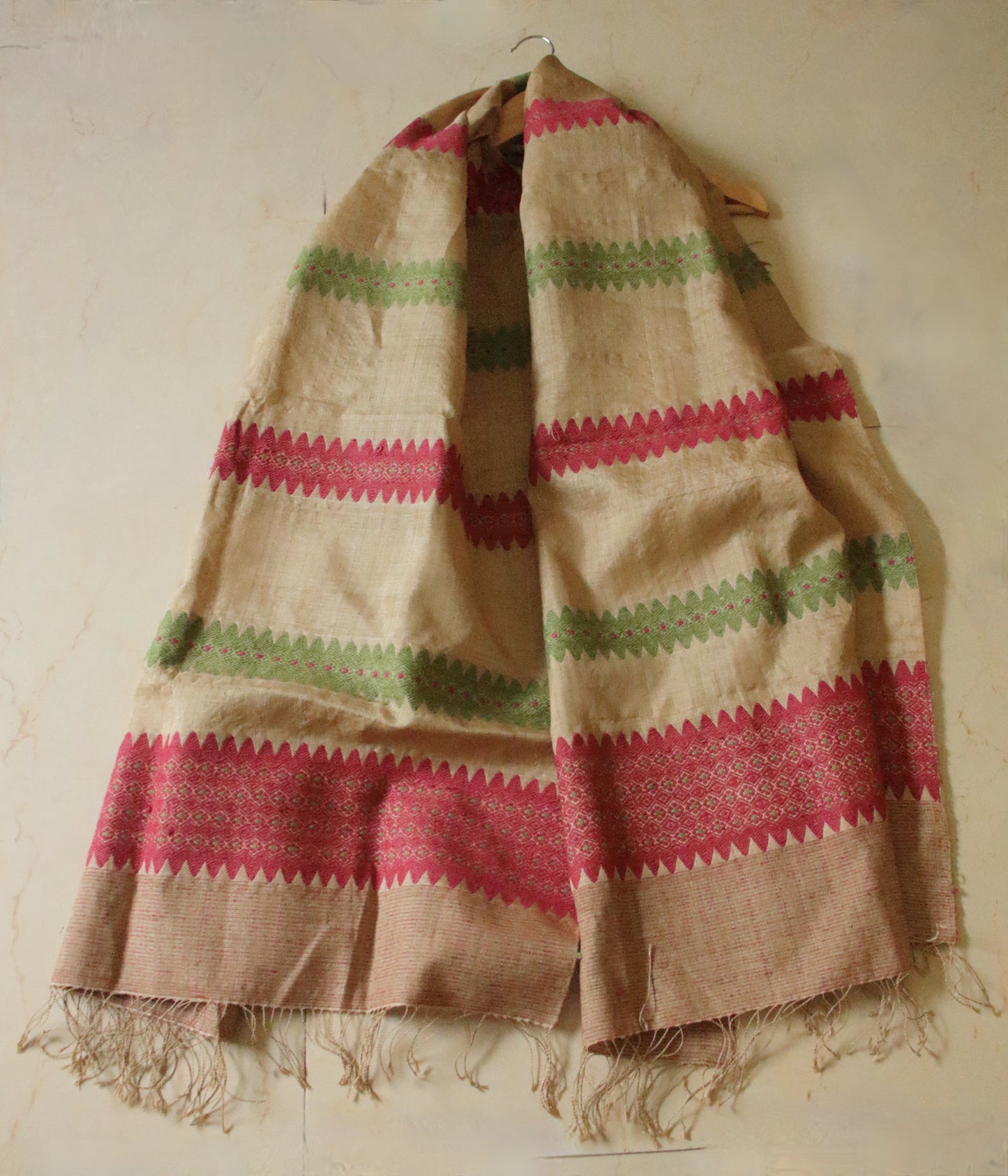 Handloom Muga Silk Wrap / Stole with natural dyed Eri Silk Motifs from Assam