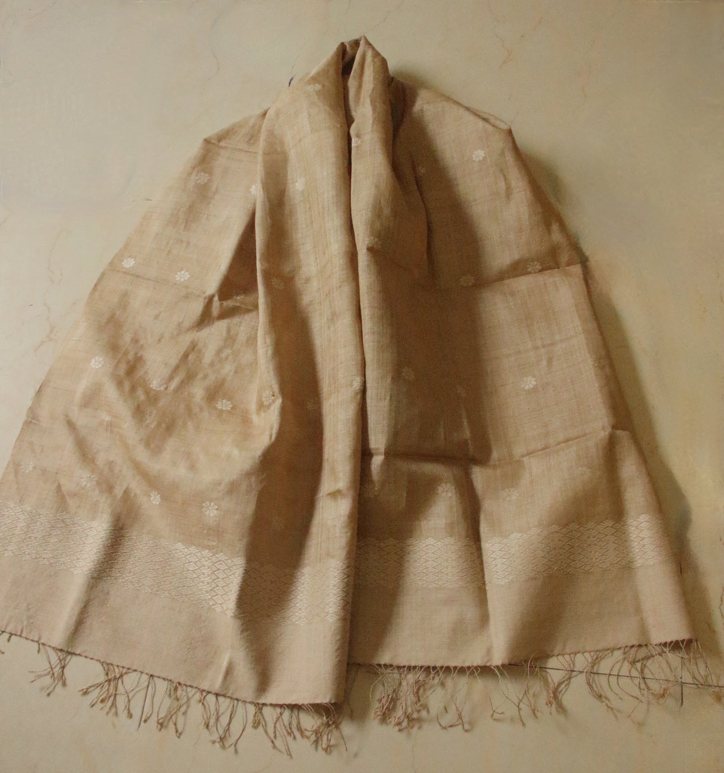 Handloom Muga Silk Wrap / Stole / Scarf with natural Colour Eri Silk Motifs from Assam