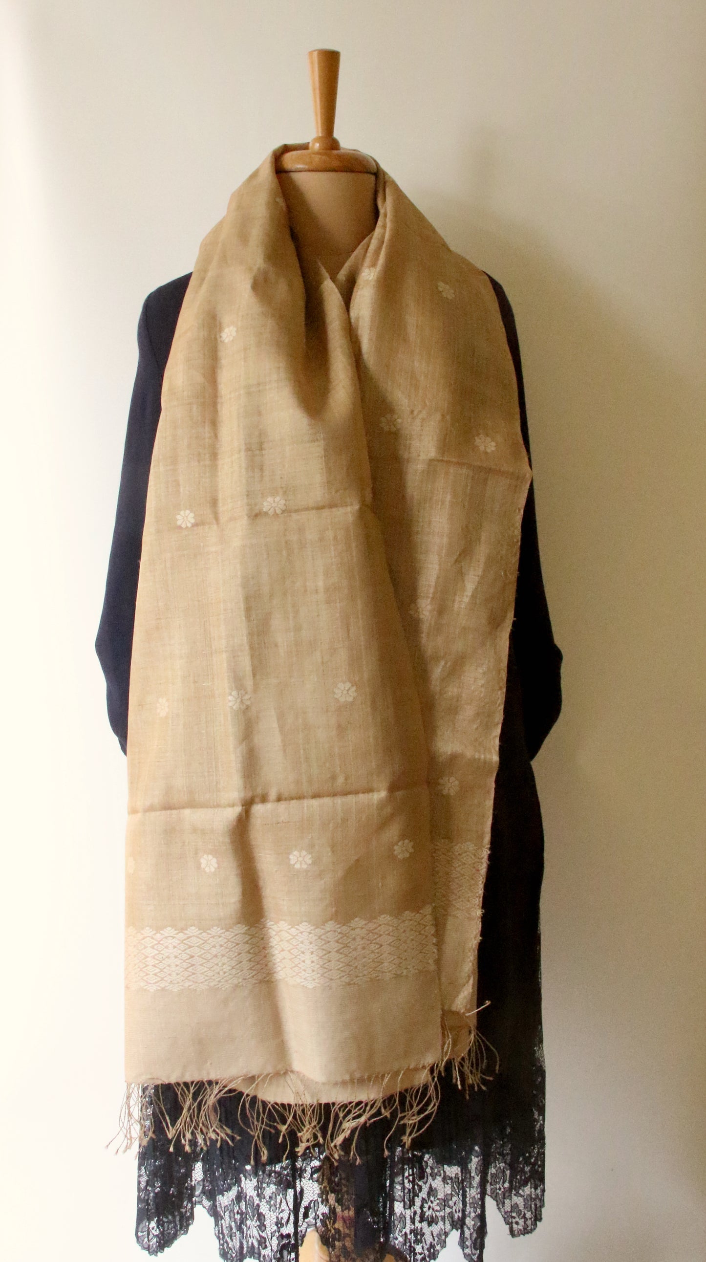 Handloom Muga Silk Wrap / Stole / Scarf with natural Colour Eri Silk Motifs from Assam