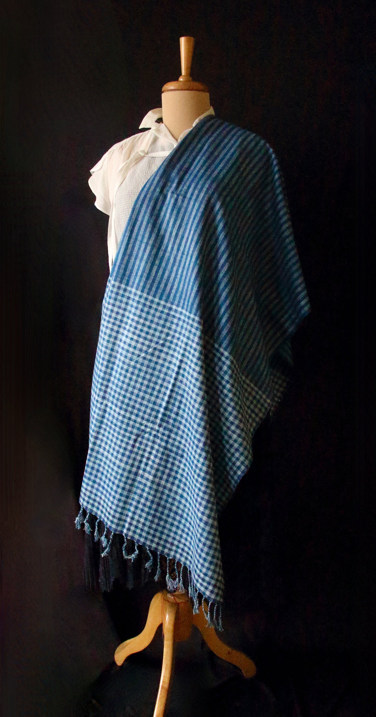 Indigo Natural Dyed Check and Stripe Handloom  Eri Silk Stoles / Scarfs  from Assam