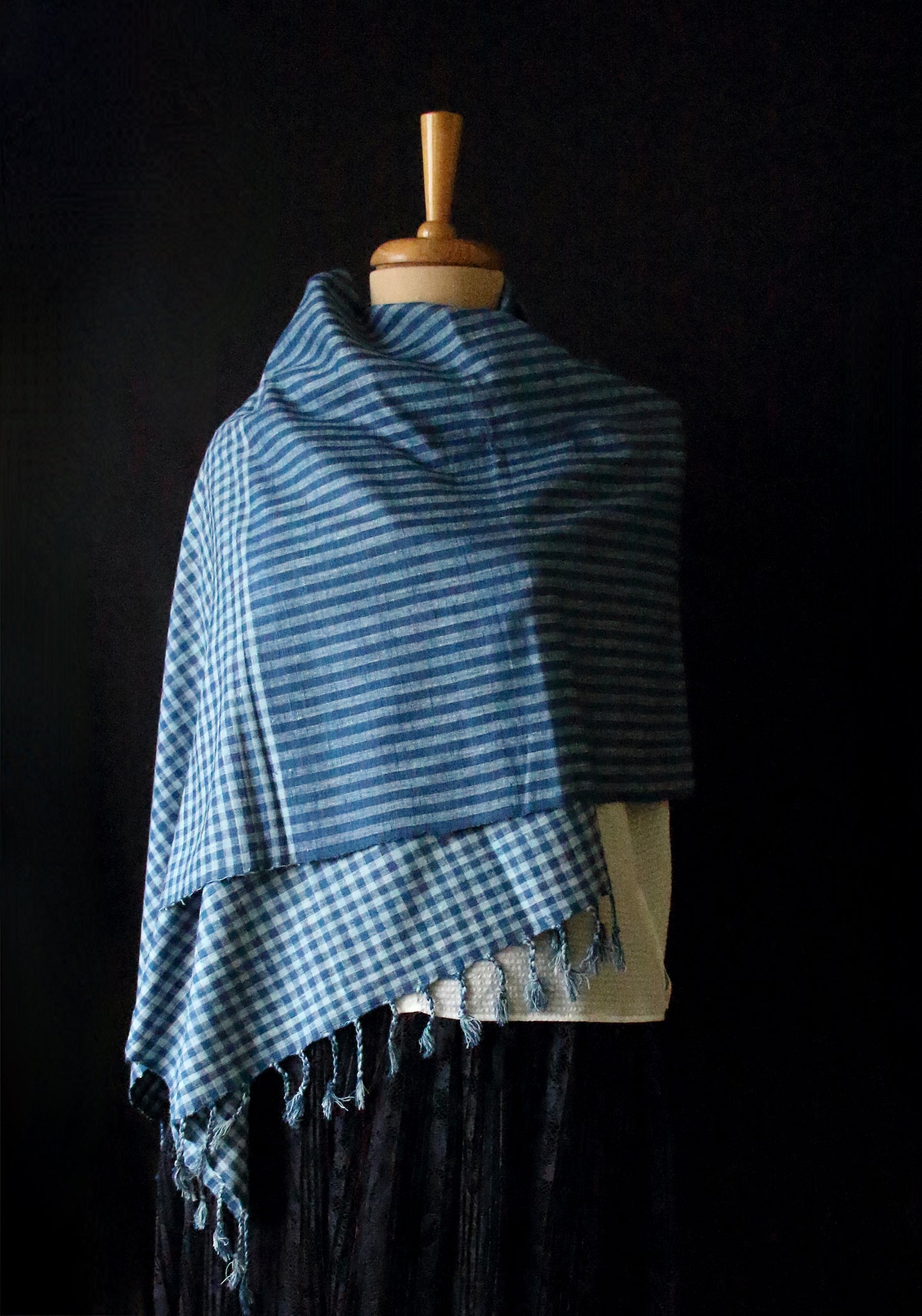 Indigo Natural Dyed Check and Stripe Handloom  Eri Silk Stoles / Scarfs  from Assam