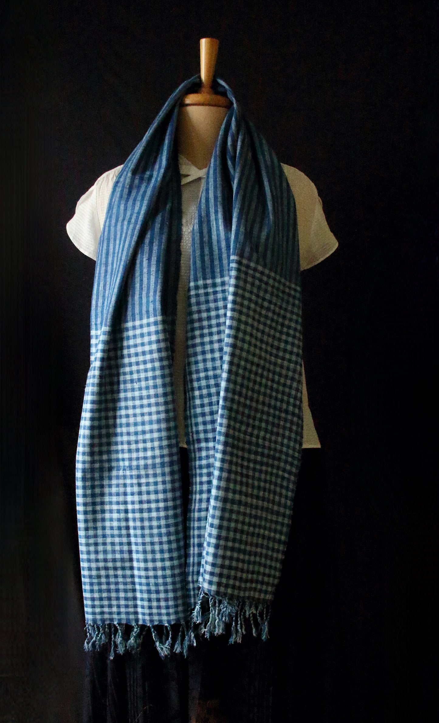Indigo Natural Dyed Check and Stripe Handloom  Eri Silk Stoles / Scarfs  from Assam