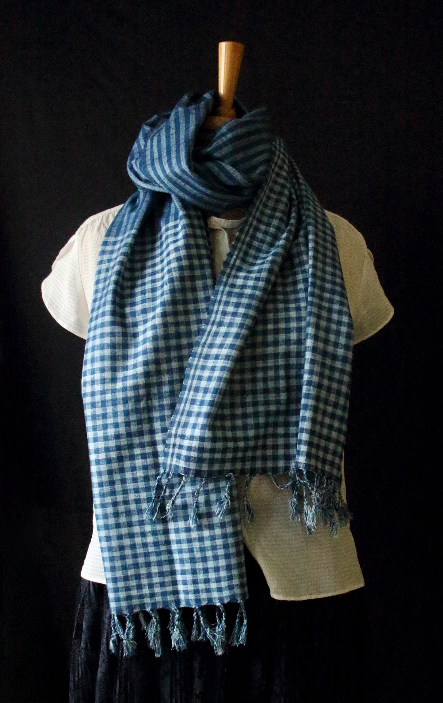 Indigo Natural Dyed Check and Stripe Handloom  Eri Silk Stoles / Scarfs  from Assam
