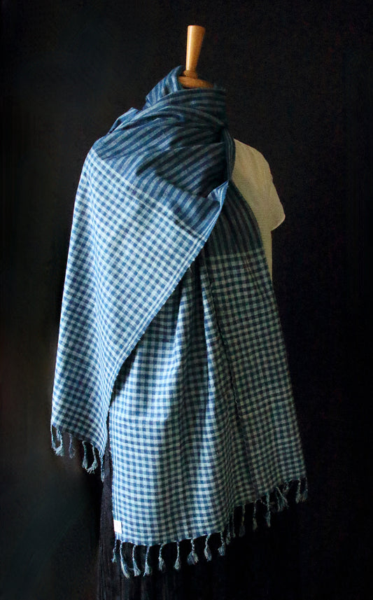 Indigo Natural Dyed Check and Stripe Handloom  Eri Silk Stoles / Scarfs  from Assam