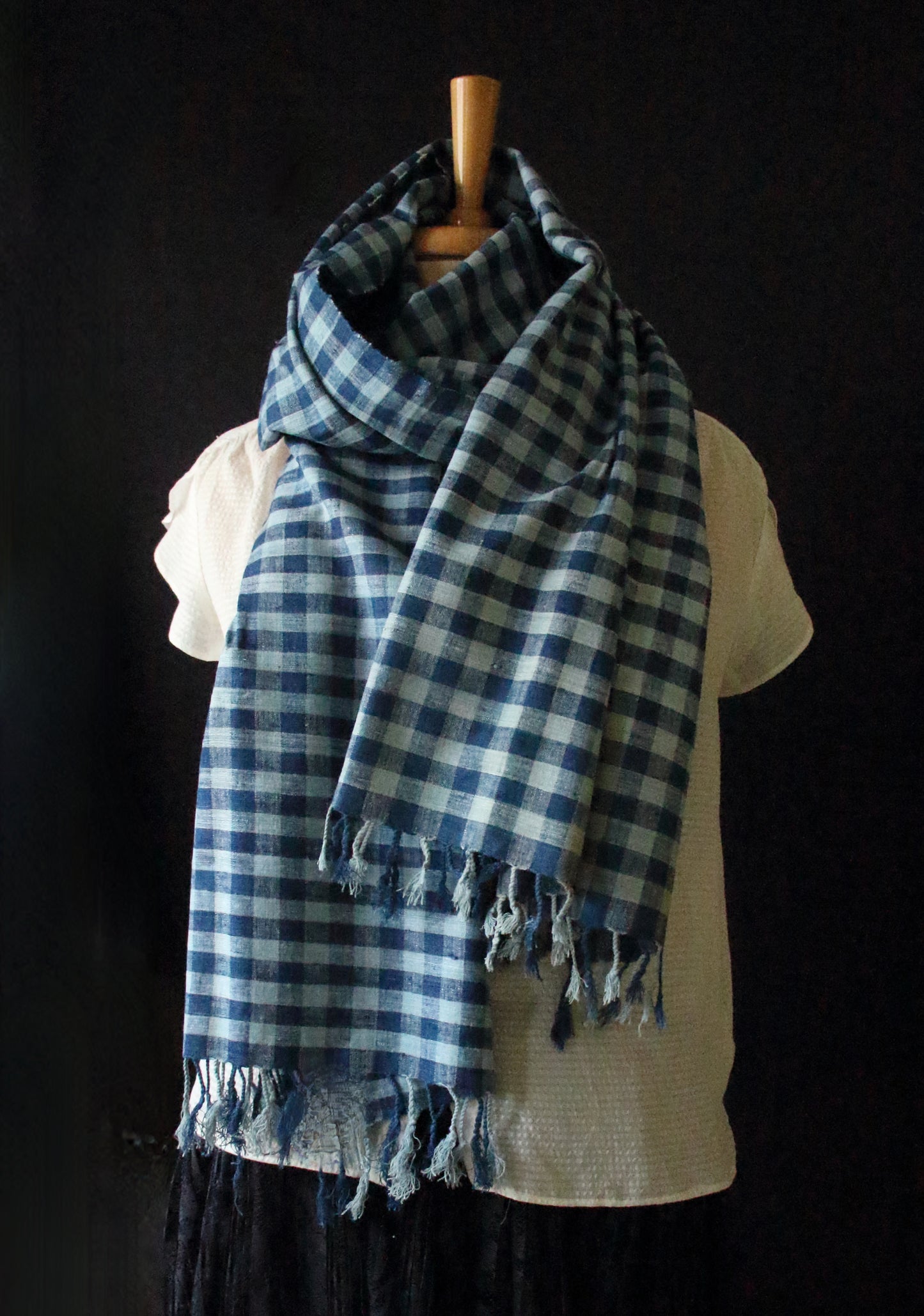 Indigo Natural Dyed Check and Stripe Handloom  Eri Silk Stoles / Scarfs  from Assam