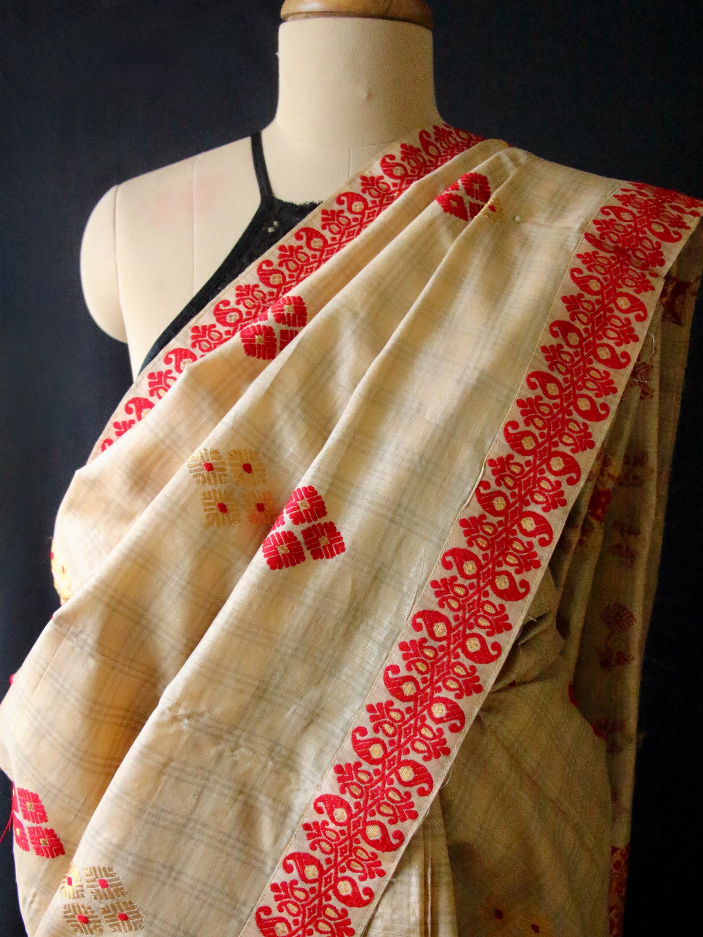 Handloom Tassar Silk Sari with traditional motifs from Assam