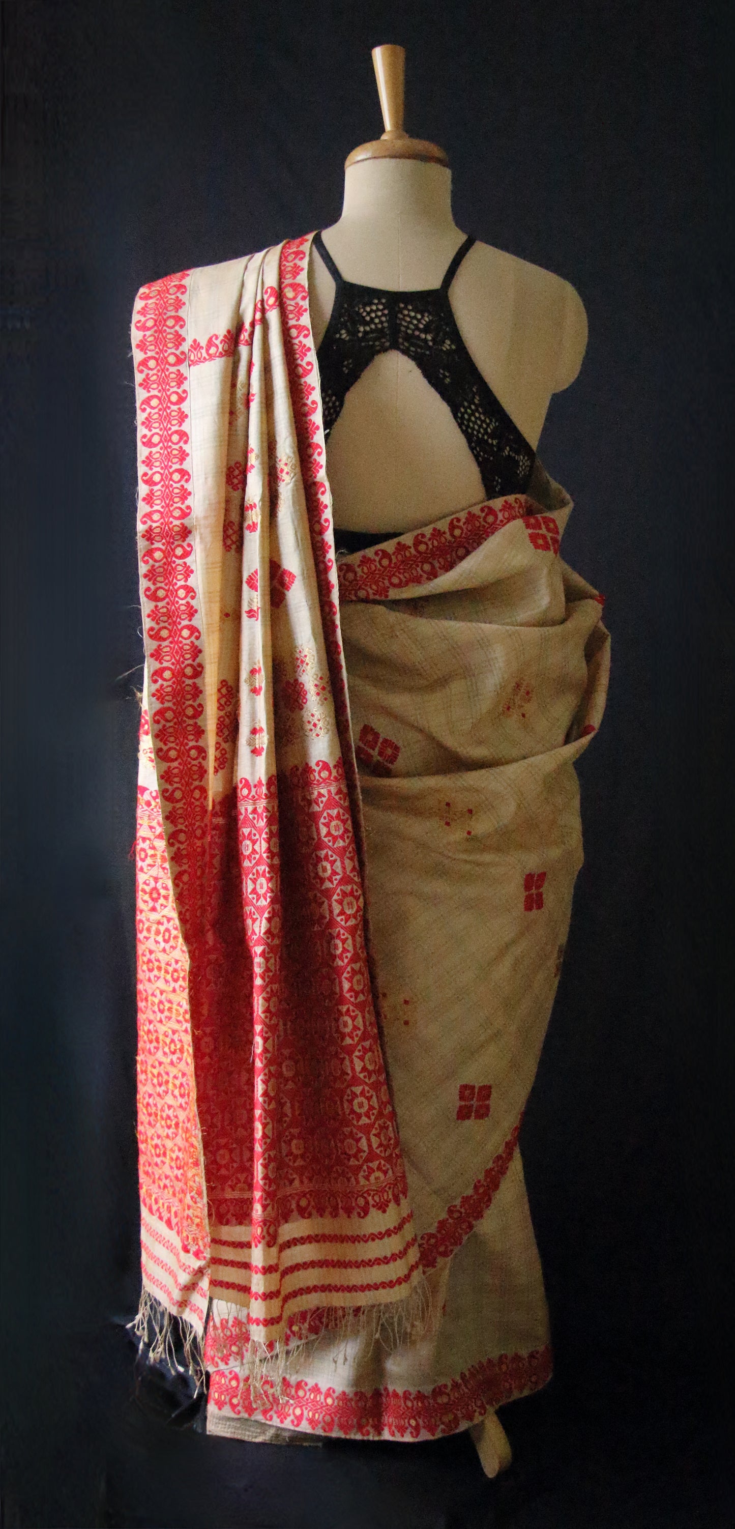 Handloom Tassar Silk Sari with traditional motifs from Assam