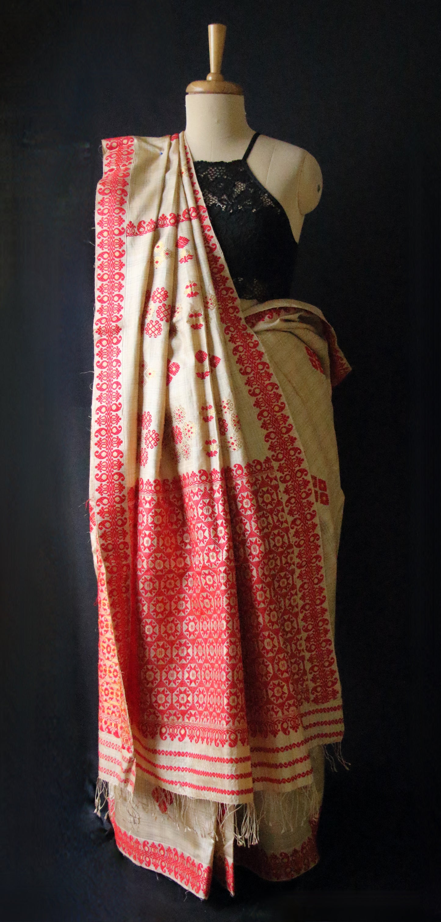 Handloom Tassar Silk Sari with traditional motifs from Assam
