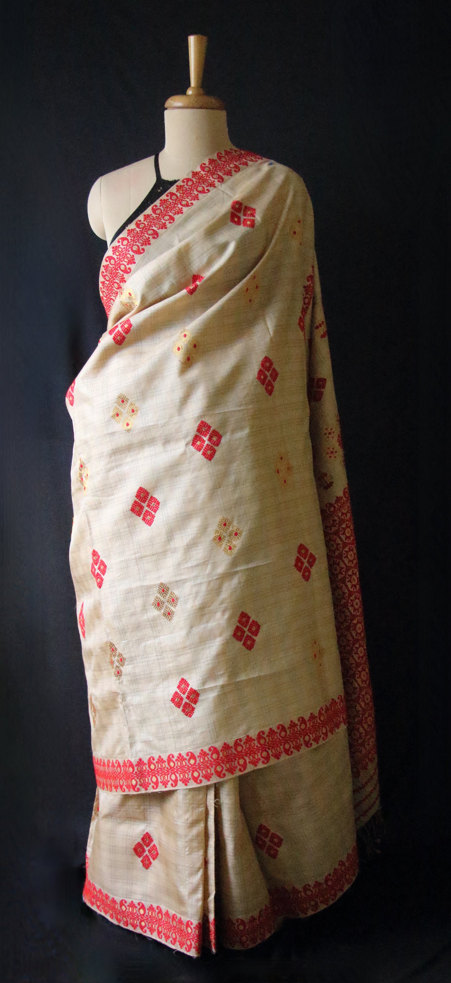 Handloom Tassar Silk Sari with traditional motifs from Assam