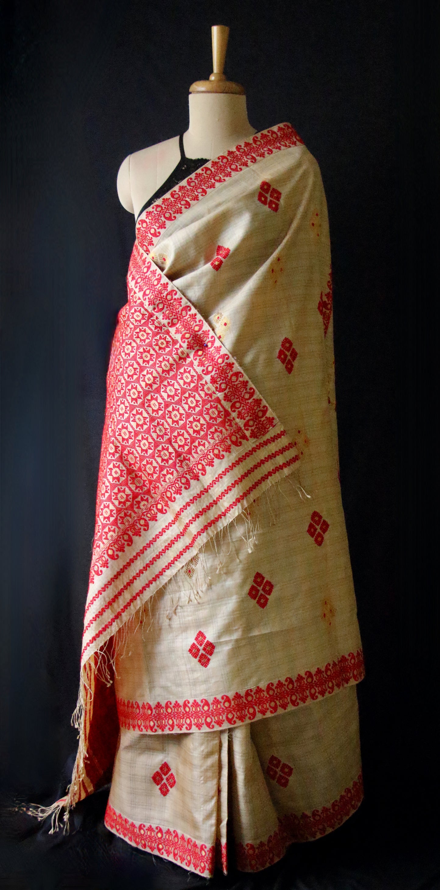 Handloom Tassar Silk Sari with traditional motifs from Assam