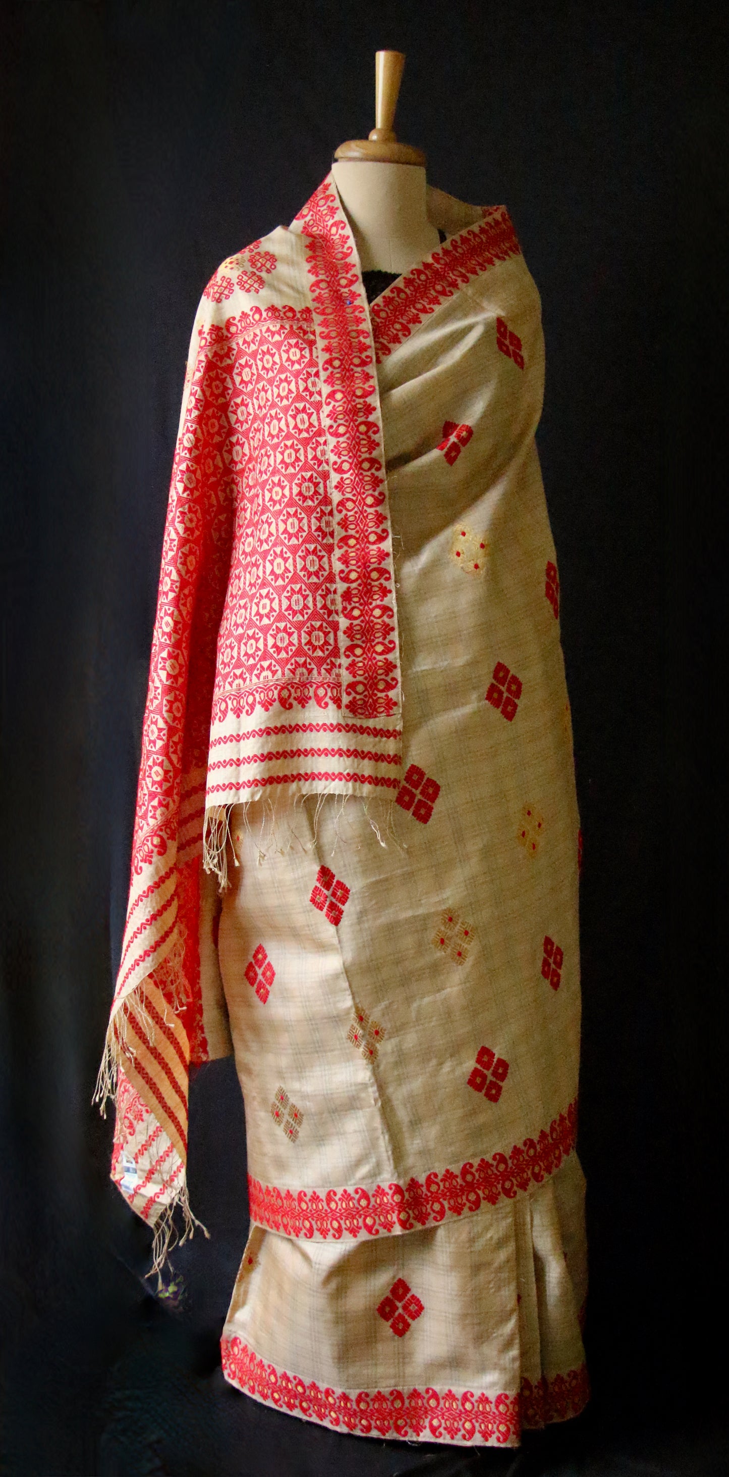 Handloom Tassar Silk Sari with traditional motifs from Assam