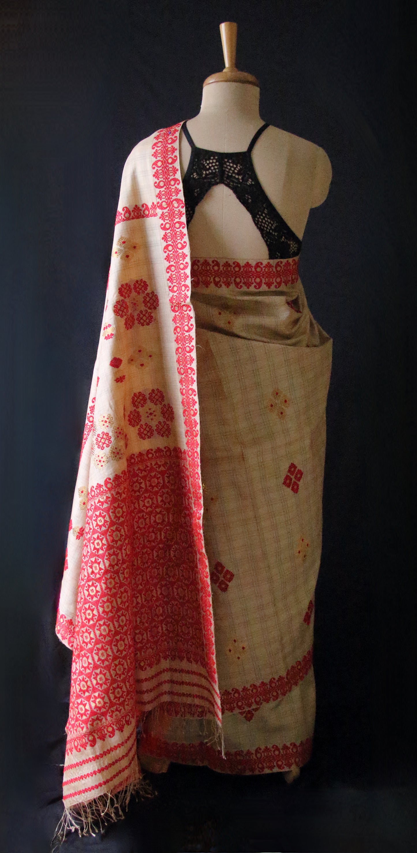 Handloom Tassar Silk Sari with traditional motifs from Assam