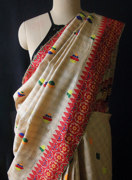 Handloom Tassar Silk Sari with traditional motifs from Assam
