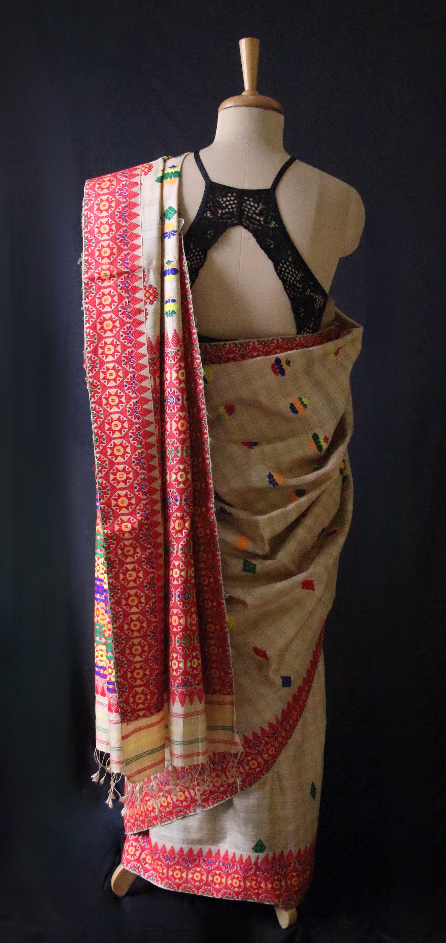 Handloom Tassar Silk Sari with traditional motifs from Assam