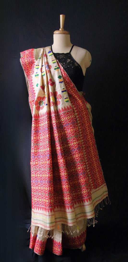 Handloom Tassar Silk Sari with traditional motifs from Assam